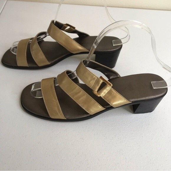 Unisa Gold Three Strap Block Heel Leather Sandal Women Size 8 Made in Brazil - Picture 3 of 16